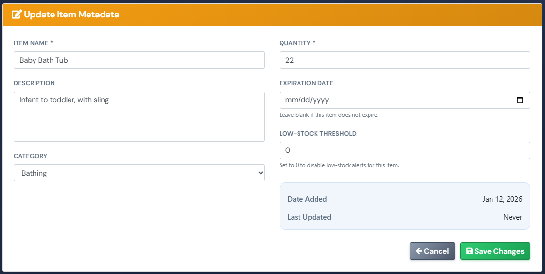Admin-only item metadata editing screen with fields for inventory details, expiration date, and low-stock threshold
